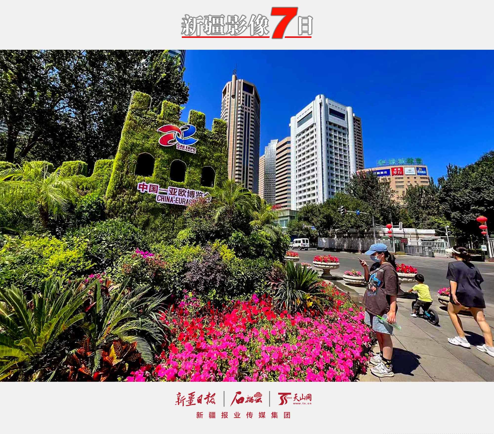 8月7日，市民在烏魯木齊人民廣場的第七屆中國—亞歐博覽會主題花壇前拍照。隨著第七屆中國—亞歐博覽會的臨近，烏魯木齊市各主要路口擺放了以第七屆中國—亞歐博覽會為主題的鮮花花壇，成為一道美麗的風(fēng)景線。石榴云/新疆日報(bào)記者 約提克爾·尼加提攝