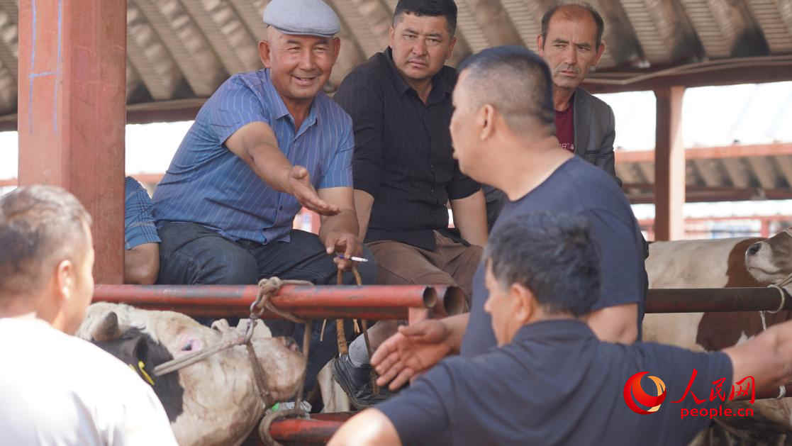 在黃公巴扎的活畜交易區(qū)雙方正在交談。人民網(wǎng) 李龍攝