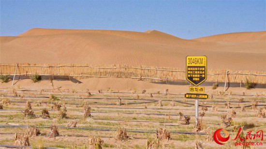 塔克拉瑪干沙漠鎖邊工程合攏點(diǎn)。人民網(wǎng) 李欣洋攝